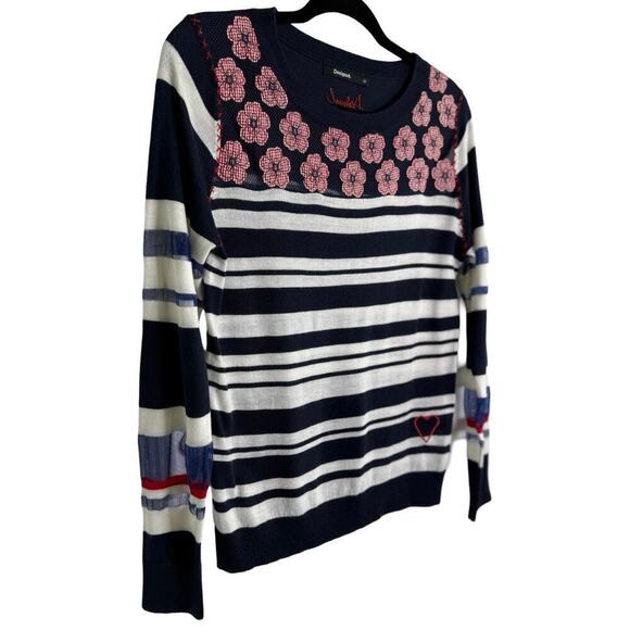 Desigual Womens Navy Long Sleeve Sweater Top Floral Striped Size M Boho Chic - Picture 5 of 13